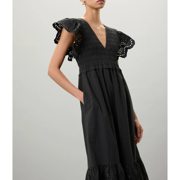 Rails Black Eyelet Midi Dress SMALL Smocked Cottage Ruffle Cotton Designer $268 - Picture 3 of 11